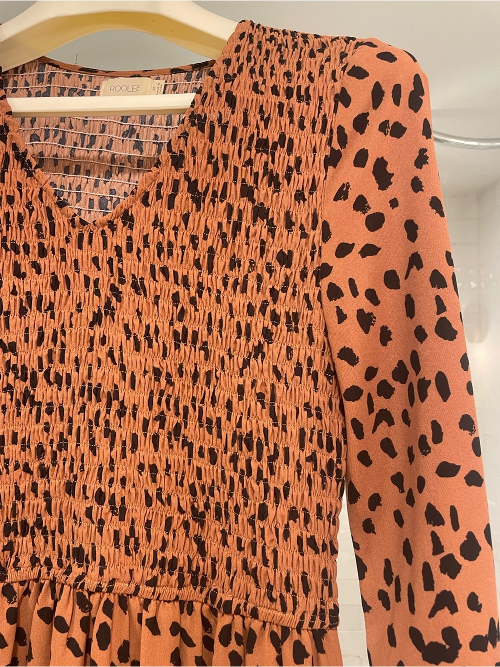 Roolee Smocked Leopard Print Midi Dress